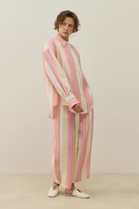 Pembe Çizgi Desen Keten Gömlek