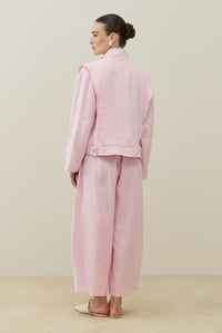 Pembe Metal Düğmeli Kruvaze Keten Ceket