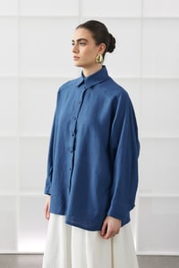 Saks Mavisi Oversize Basic Keten Gömlek