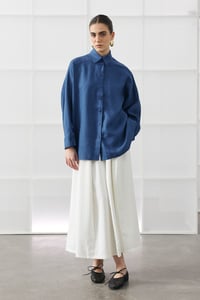 Saks Mavisi Oversize Basic Keten Gömlek
