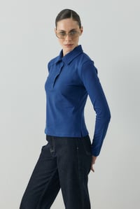 Saks Mavisi Polo Yaka Uzun Kollu T-shirt