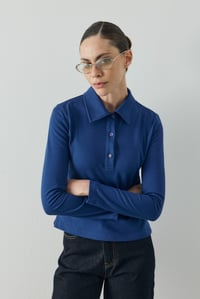 Saks Mavisi Polo Yaka Uzun Kollu T-shirt