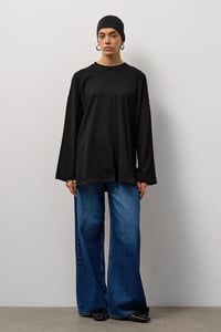 Siyah Oversize Kesim Uzun Kollu Basic T-Shirt