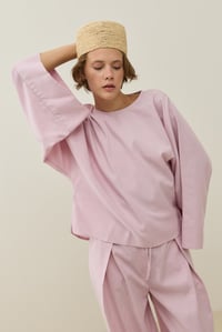 Toz Pembe Yarasa Kol Detaylı Mini Keten Bluz