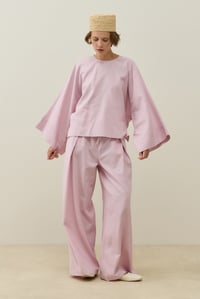 Toz Pembe Yarasa Kol Detaylı Mini Keten Bluz