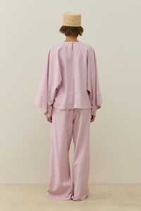 Toz Pembe Yarasa Kol Detaylı Mini Keten Bluz