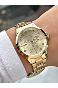 Fonksiyonlu Çelik Kordon Çelik Kasa Altın Renk Kadın Kol Saati S04411MR
