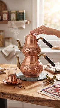 Bakır Çiçek Desenli İşlemeli Çaydanlık