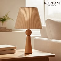 Bej Keten Kumaş Başlıklı Ahşap Abajur