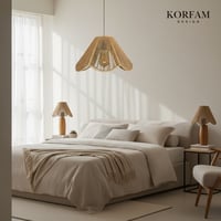 ROSALİNDA Modeli Avize & Abajur Set - Hasır El Yapımı Bohem Çiçek Şekilli Avize 2 li Ahşap Ayaklı Rustik Abajur Set