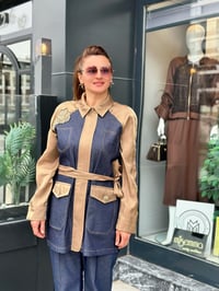  Kot kumaş Saten ve Taş işlemeli Pantolonlu Takım Lacivert - Olive