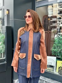  Kot kumaş Saten ve Taş işlemeli Pantolonlu Takım Lacivert - Kahve