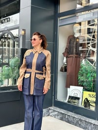 Kot kumaş Saten ve Taş işlemeli Pantolonlu Takım Lacivert - Olive