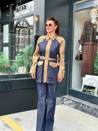  Kot kumaş Saten ve Taş işlemeli Pantolonlu Takım Lacivert - Olive
