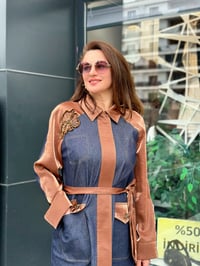 Kot kumaş Saten ve Taş işlemeli Pantolonlu Takım Lacivert - Kahve