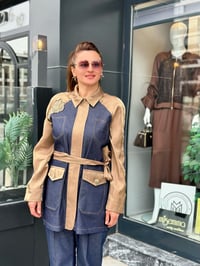  Kot kumaş Saten ve Taş işlemeli Pantolonlu Takım Lacivert - Olive