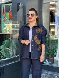 CEBİ SÜET PÜSKÜL DETAYLI ÖRME DENİM GÖMLEK