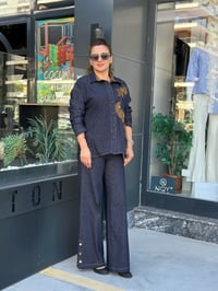 CEBİ SÜET PÜSKÜL DETAYLI ÖRME DENİM GÖMLEK