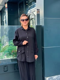Cep Kapakları Taş İşlemeli Modal Pantolonlu Takım Siyah