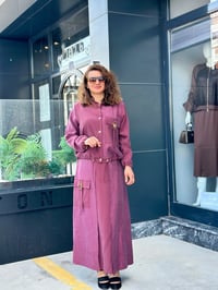 Desenli Modern Ceket Etek Takım Mürdüm