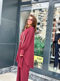 El İşlemeli Pullu Tunik Pantolon Takım Bordo