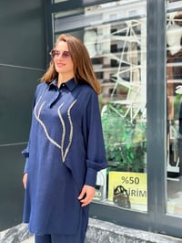 El İşlemeli Pullu Tunik Pantolon Takım Lacivert