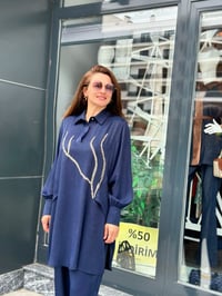 El İşlemeli Pullu Tunik Pantolon Takım Lacivert