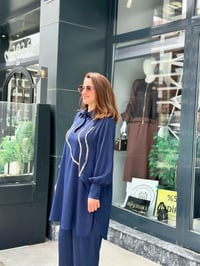 El İşlemeli Pullu Tunik Pantolon Takım Lacivert