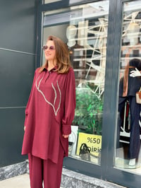 El İşlemeli Pullu Tunik Pantolon Takım Bordo