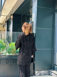 Firuze - Üçlü Ceket Güpür ve Taş İşlemeli Pantolonlu Takım Siyah