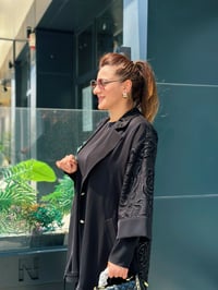 Firuze - Üçlü Ceket Güpür ve Taş İşlemeli Pantolonlu Takım Siyah
