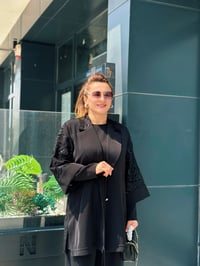 Firuze - Üçlü Ceket Güpür ve Taş İşlemeli Pantolonlu Takım Siyah