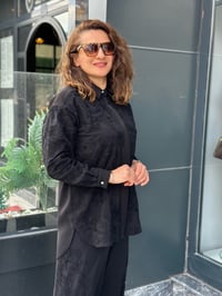 Güpürlü Taş İşlemeli İkili Pantolonlu Takım Siyah