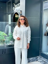 Güpürlü Taş İşlemeli İkili Pantolonlu Takım Beyaz