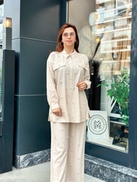 İkili Full İncili Keten Pantolonlu Takım Bej
