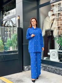 İkili İncili Krep Kumaş Pantolonlu Takım İndigo