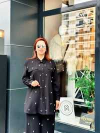 İkili İncili Krep Kumaş Pantolonlu Takım Siyah