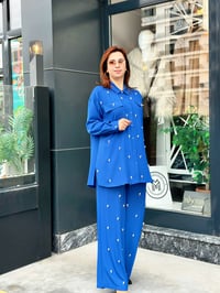 İkili İncili Krep Kumaş Pantolonlu Takım İndigo