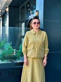 İkili Keten Kumaş Taş İşlemeli Cepli Takım Olive