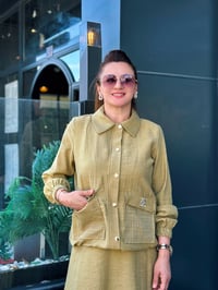 İkili Keten Kumaş Taş İşlemeli Cepli Takım Olive