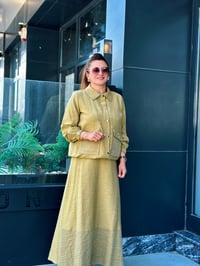 İkili Keten Kumaş Taş İşlemeli Cepli Takım Olive