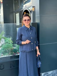 İkili Keten Kumaş Taş İşlemeli Cepli Takım İndigo