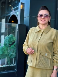 İkili Keten Kumaş Taş İşlemeli Cepli Takım Olive
