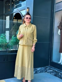 İkili Keten Kumaş Taş İşlemeli Cepli Takım Olive