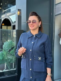 İkili Keten Kumaş Taş İşlemeli Cepli Takım İndigo