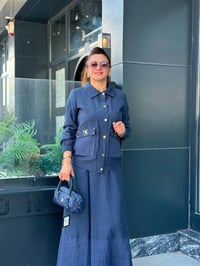 İkili Keten Kumaş Taş İşlemeli Cepli Takım İndigo