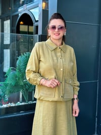 İkili Keten Kumaş Taş İşlemeli Cepli Takım Olive