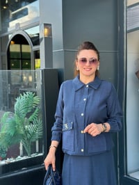 İkili Keten Kumaş Taş İşlemeli Cepli Takım İndigo