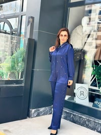 İkili Zımba İşlemeli Saten Pantolonlu Takım Lacivert