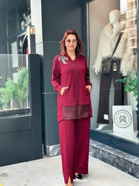 İpek Kumaş / Oysho Kumaş Boncuk Detaylı İkili Pantolonlu Takım Bordo
